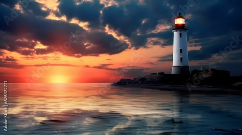 Lighthouse in moody sky sunset with beautiful nightly seascape. Lighthouse day concept.
