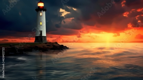 Lighthouse in moody sky sunset with beautiful nightly seascape. Lighthouse day concept.