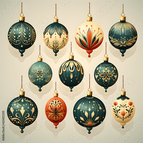 several christmas balls hanging from strings with gold decorations