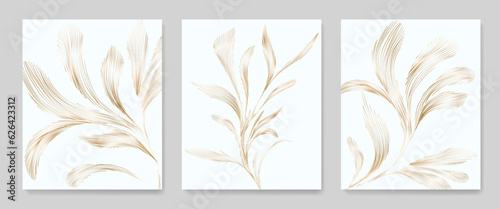 Luxury botanical abstract art background with golden leaves hand drawn in line style. Vector set for decoration design, print, textile, poster, wallpaper, interior design. © VectorART