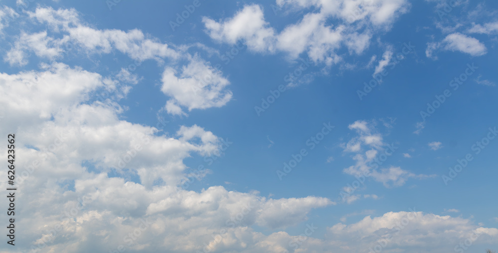 sky replacement horizontal panoramic looking up at blue sky with white puffy clouds in summer