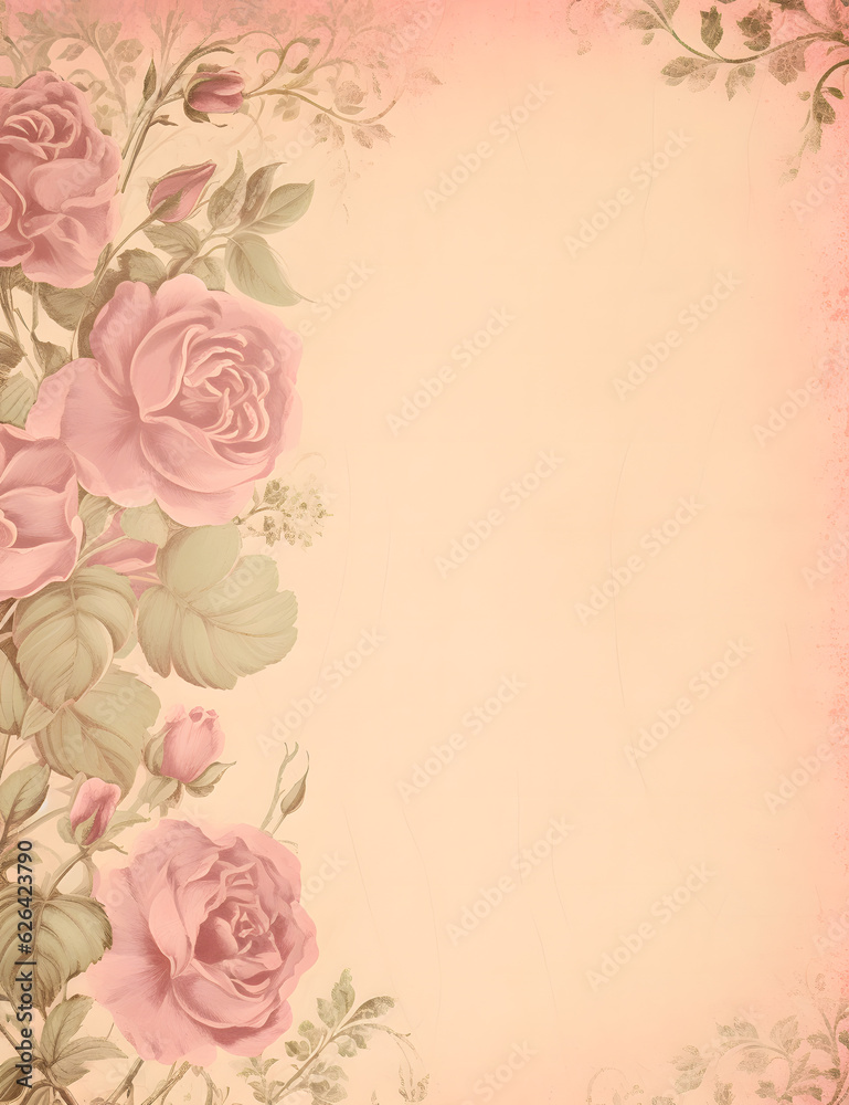 an ornate background with pink roses in green and brown