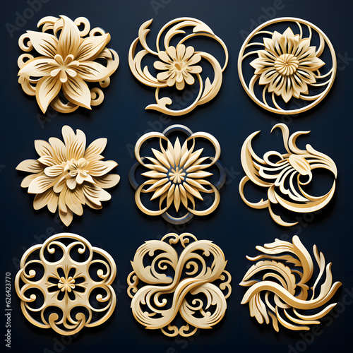 a bunch of intricate golden flowers with swirls