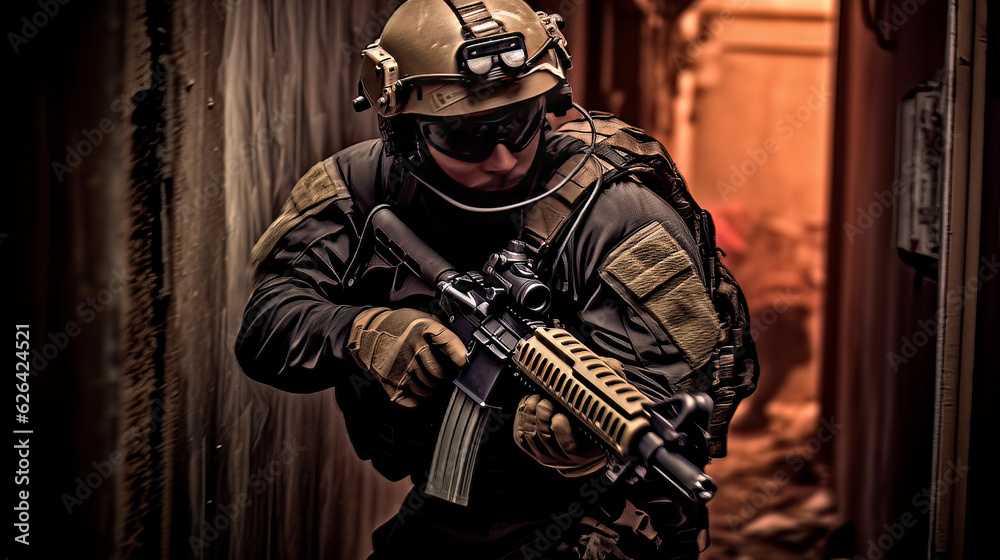 A Special Forces Operative Holding a Rifle in a Dark Alleyway A Photo of Close Quarters Combat Trai AI Generated