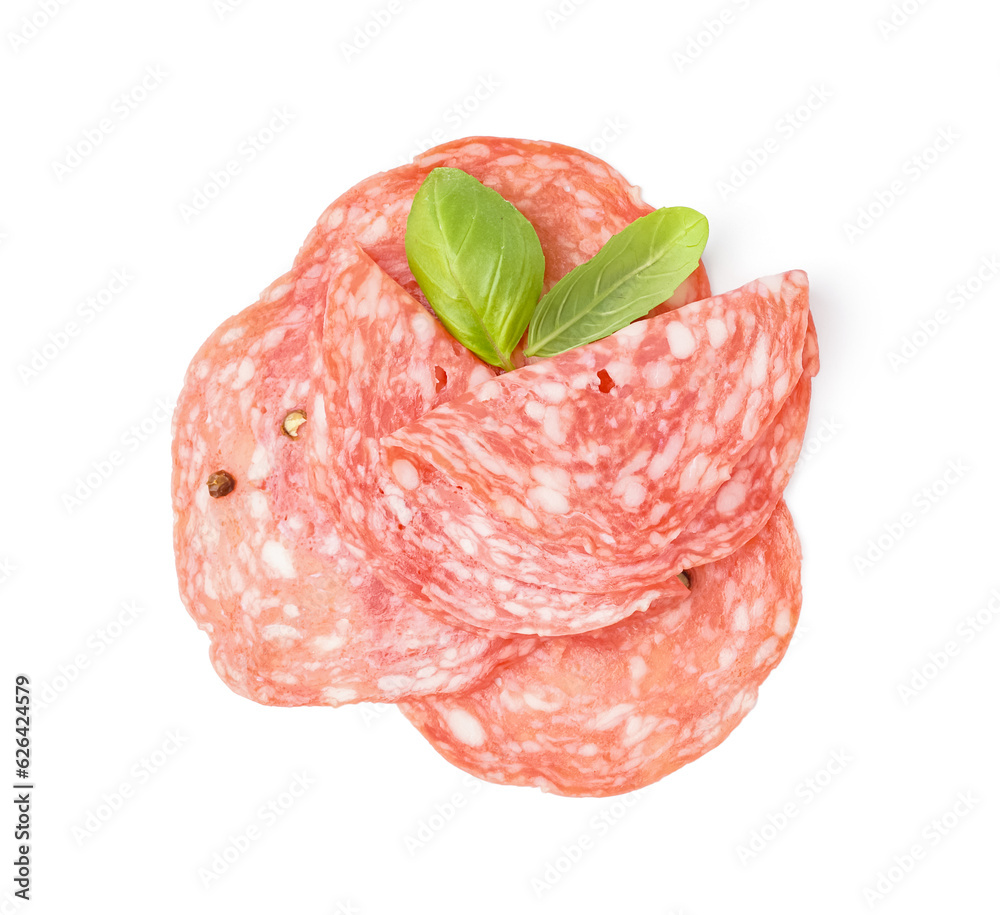 Slices of tasty salami on white background Slices of tasty salami on white background