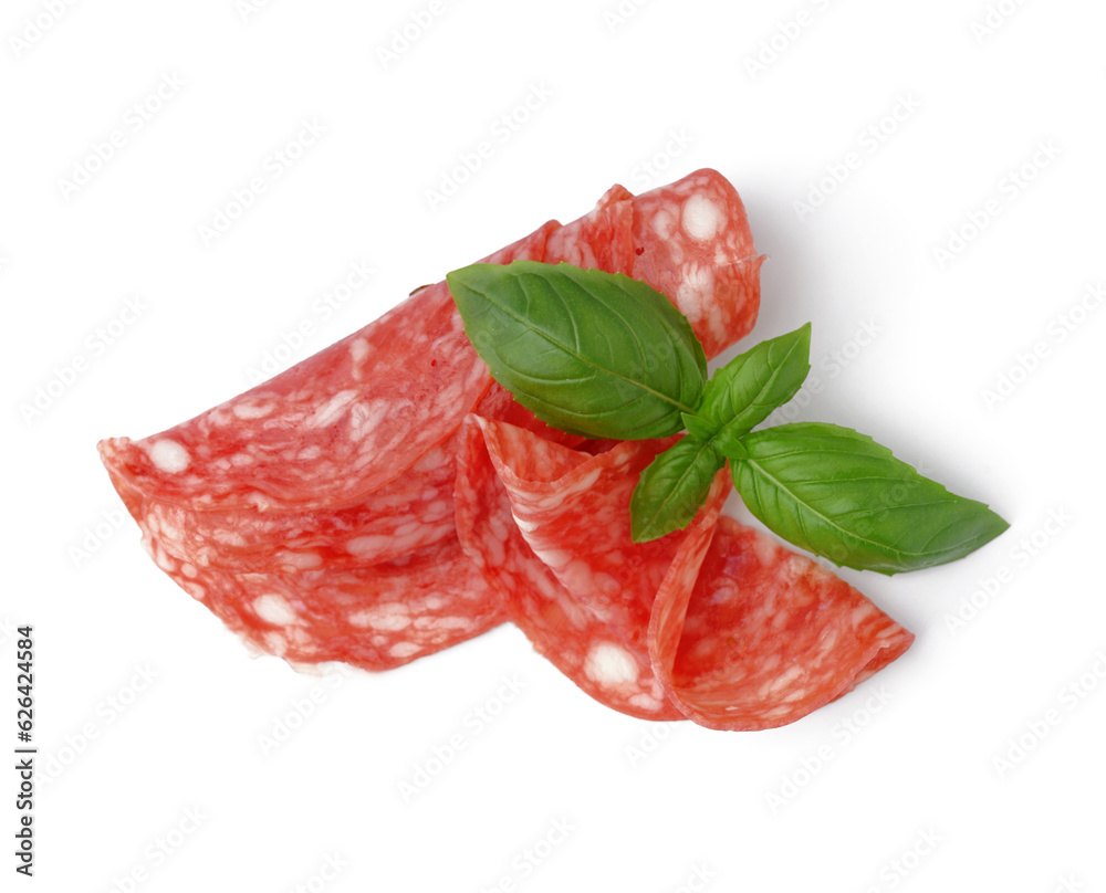Slices of tasty salami on white background Slices of tasty salami on white background