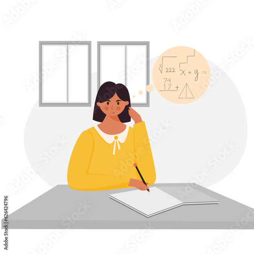 Girl study mathematics or math illustration. Teen girl do homework from school illustration character.