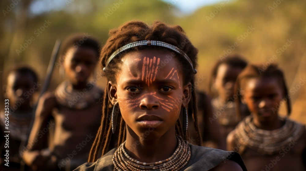 candid photo of young people and kids from a african tribe half naked with cultural tattoos make-up, cosmetics and wooden stone spear weapon. ethnic groups of africa. Generative AI