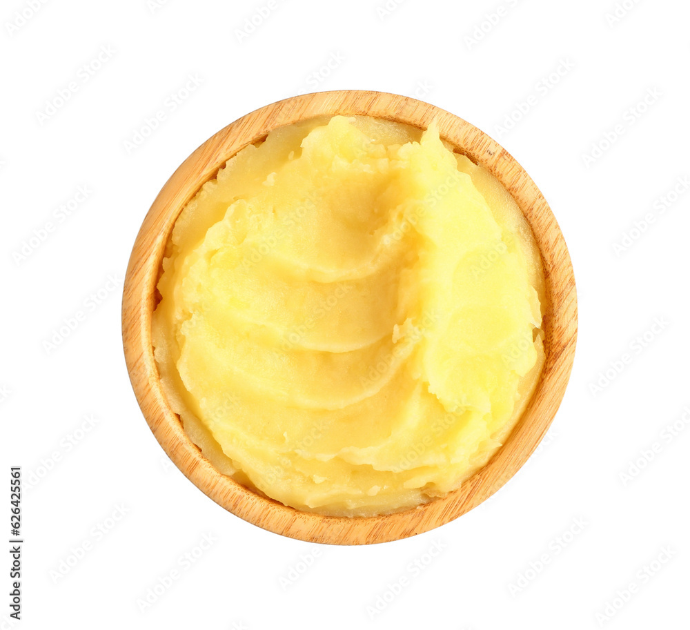 Wooden bowl of tasty mashed potatoes on white background Wooden bowl of tasty mashed potatoes on white background