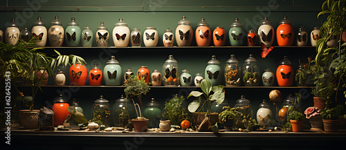 the many pots with flowers are on the shelf
