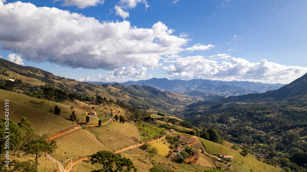 Valley and mountains in São Bento do Sapucaí. Aerial view