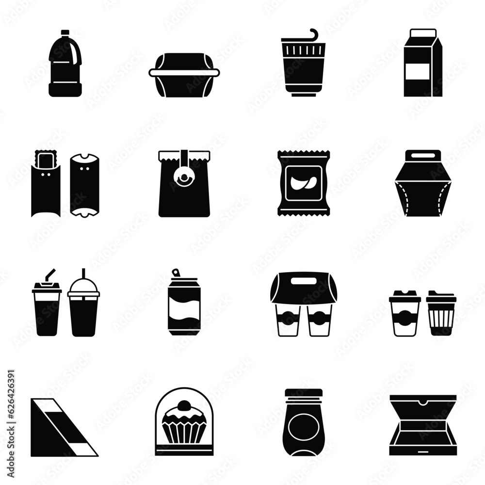 Food and drink packaging glyph icons set vector image. Food and drink packaging glyph icons set vector image.