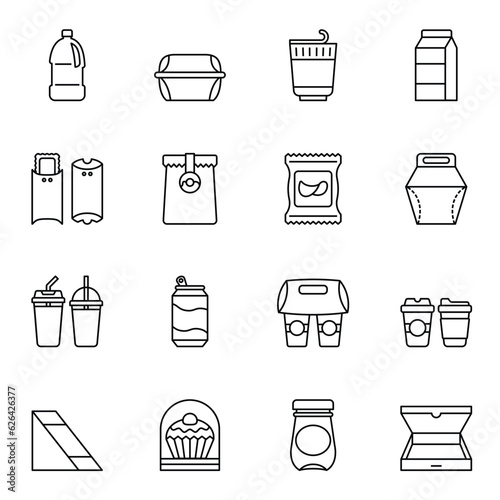 Food and drink packaging icon set. Thin line style stroke vector.