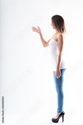 Fotografie Profile of woman, energetically gesticulating, mid-conversation