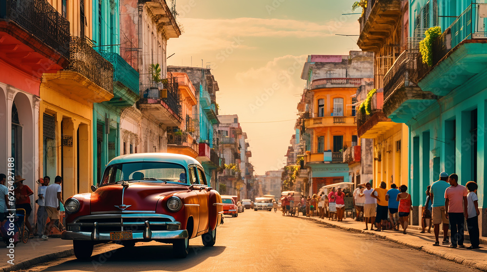 Bustling street in Havana with colorful vintage cars - obrazy, fototapety, plakaty 