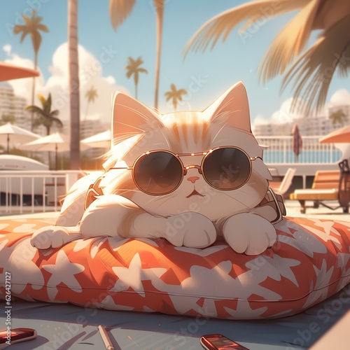 a cat with fashion sunglasses is lying On the roof, wide angle view, full-body ,AI illustration, digital, virtual, generative © 9george