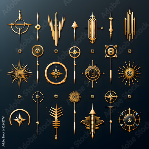 several designs made of brass with a black background