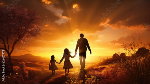 Happy family: father and child daughter on nature on sunset © Sasint
