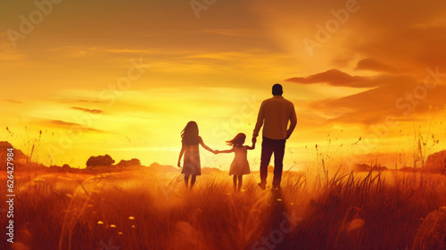 Happy family: father and child daughter on nature on sunset