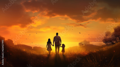 Happy family: father and child daughter on nature on sunset