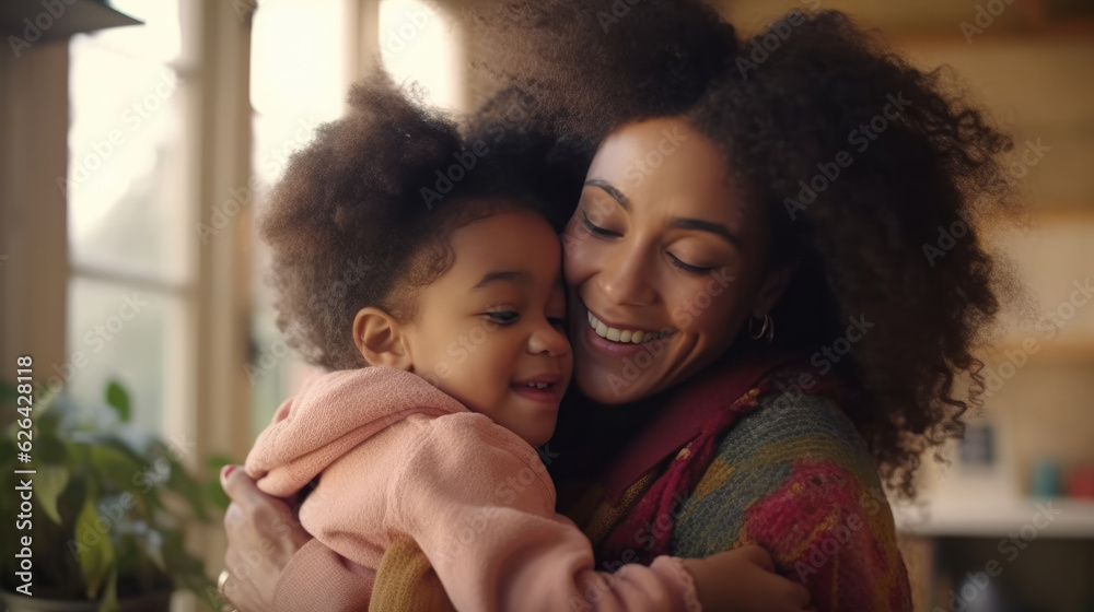 Fototapeta premium Loving affectionate family young african american mother holding embracing cute little kid daughter, happy black mom foster parent hug small mixed race child cuddling and bonding with eyes closed