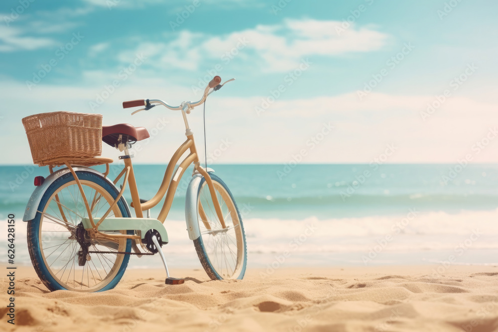 Bicycle on sandy beach near sea, space for text.