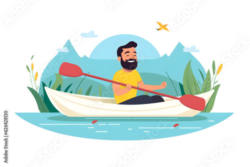man floating in a kayak with mountains and clouds behind him