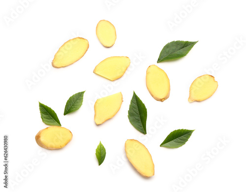 Fresh ginger root slices an...