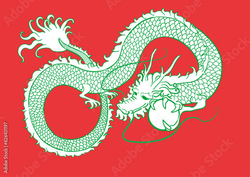 龍（辰）の玉を持っている赤背景のベクターイラスト　　線画