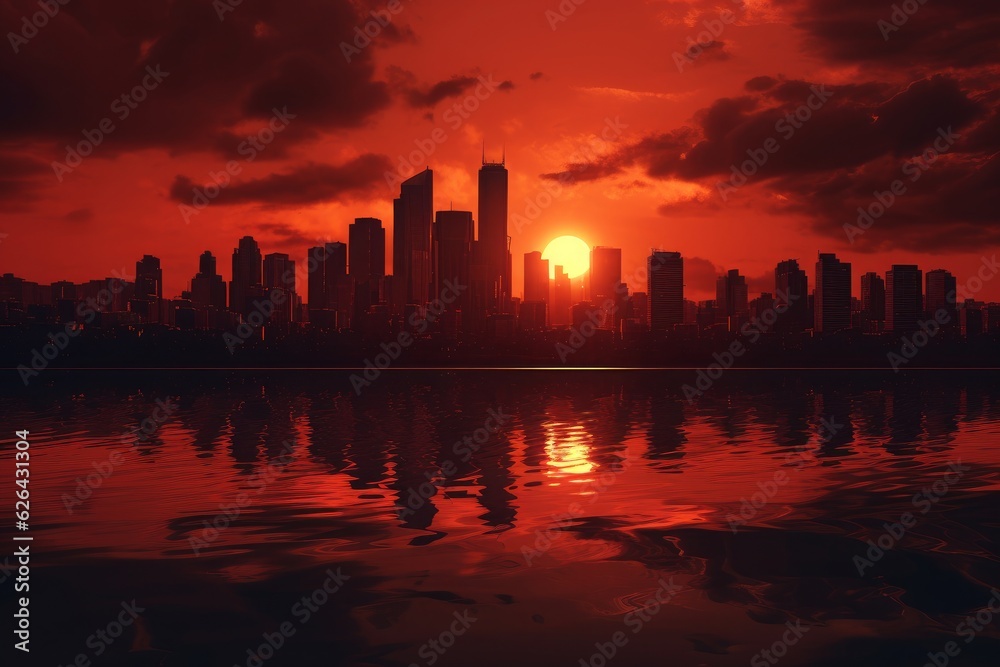 A red sunset reflecting on a city skyline. 
