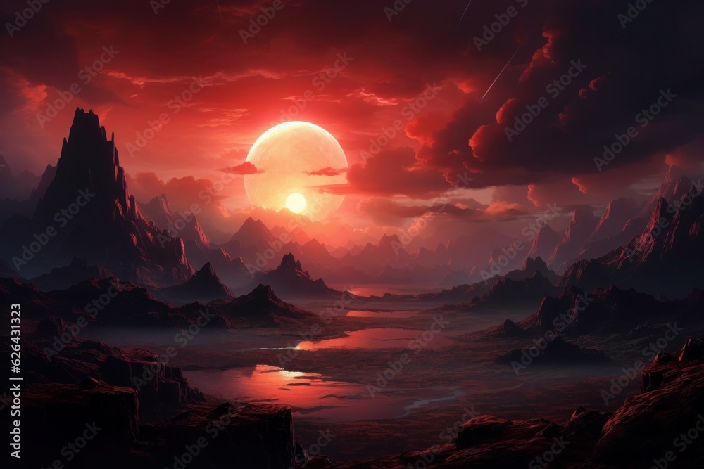 A red sunset over a mountain range.