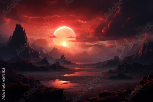 A red sunset over a mountain range.