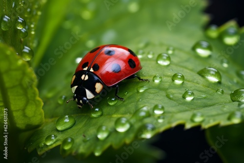 A red ladybug on a green leaf. 