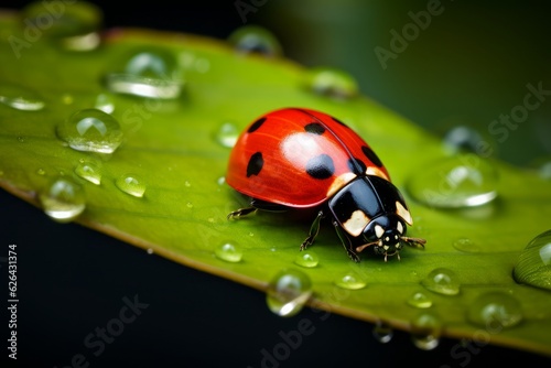 A red ladybug on a green leaf.  © Kishore Newton