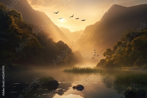 Serene Dawn: Mountains, Creek and Nature, generative IA