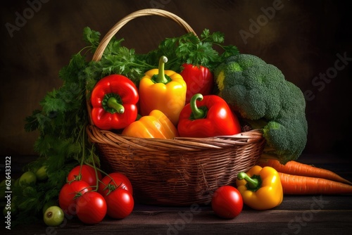 Fresh and colorful vegetables in a wicker basket. ?????? (80 characters), generative IA