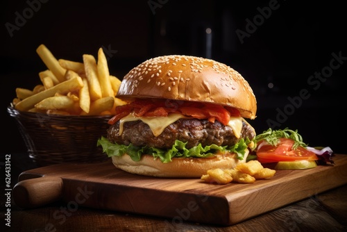 Juicy handmade burger with crispy fries., generative IA