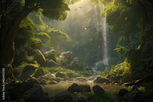 Waterfall surrounded by greenery, butterflies and birds., generative IA