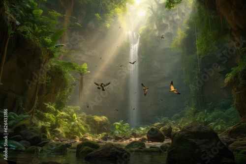 Waterfall surrounded by greenery  butterflies and birds.  generative IA