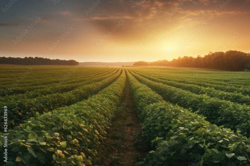 Lush soybean crop at sunset, generative IA
