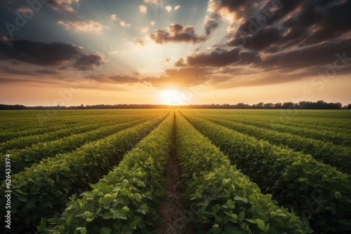 Lush soybean crop at sunset  generative IA