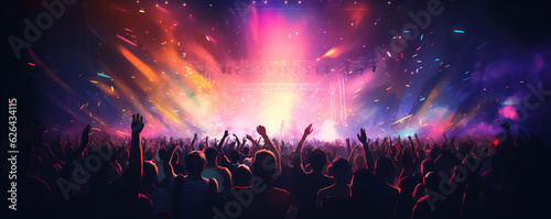 A Vibrant and Colorful Colorful Live Music Rock Concert, Party Festival With a Huge Crowd Cheering, Confetti and Stage Lights Generative AI