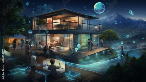 Digital Connected Suburban Communty, Interactive Smarthome, Smart Homes and Connected Society Concept , Data Transactions in a Night Time Suburban Area, Generative AI © HRTNT Media