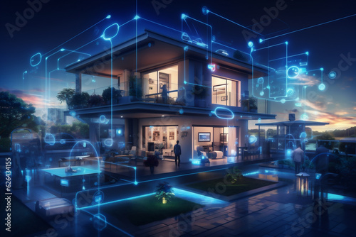 Digital Connected Suburban Communty  Interactive Smarthome  Smart Homes and Connected Society Concept   Data Transactions in a Night Time Suburban Area  Generative AI