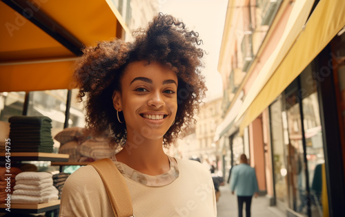 Smiling young black dark-skinned african american woman shoping at a pop-up business shop. Generative AI photo