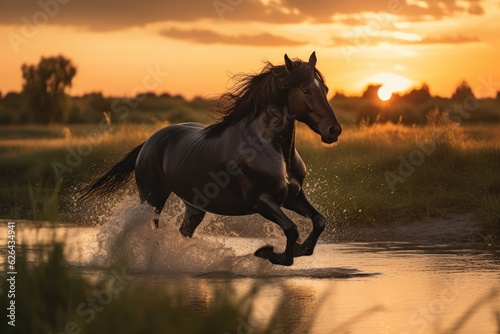 Black horse galloping on the plain at sunset.  generative IA