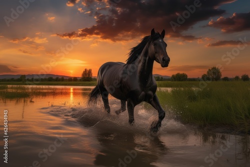 Black horse galloping on the plain at sunset., generative IA © Gabriel