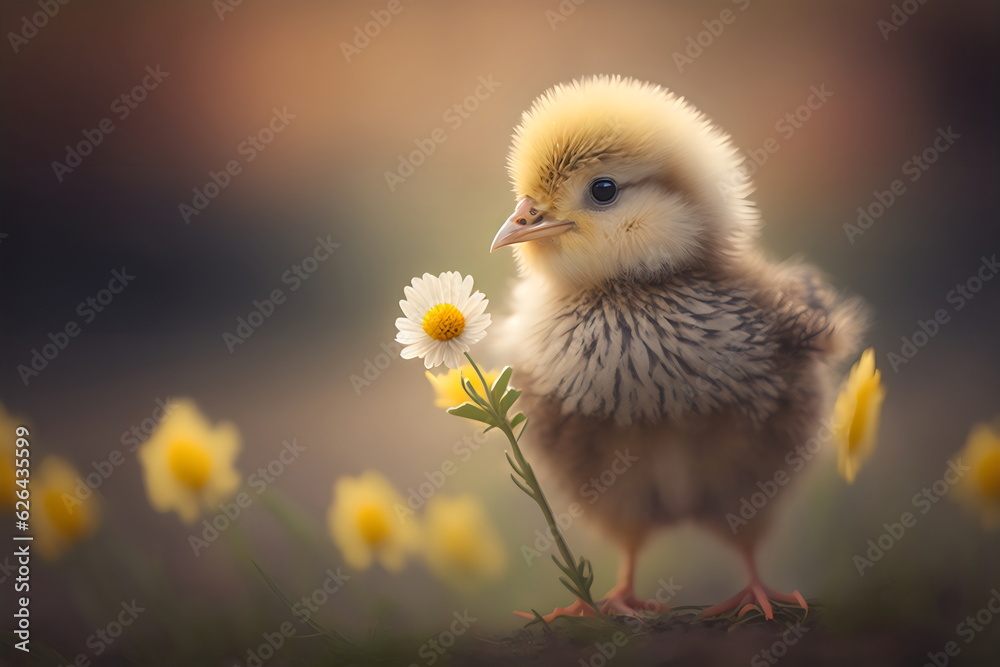 cute baby chicken holding flower with bluer background. generative ai cute baby chicken holding flower with bluer background. generative ai