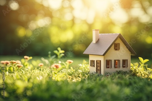 The concept of home and life, represented by a small model home sitting on green grass with a background of abstract sunlight. The image has been edited with a vintage-style filter effect. © 2rogan