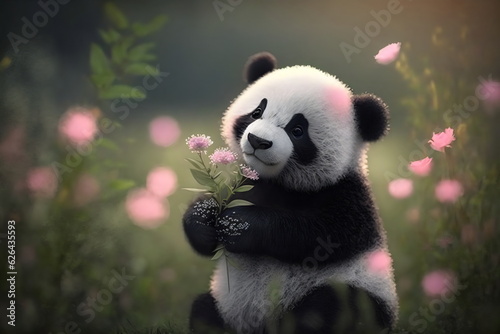 cute baby panda holding flower with bluer background. generative ai